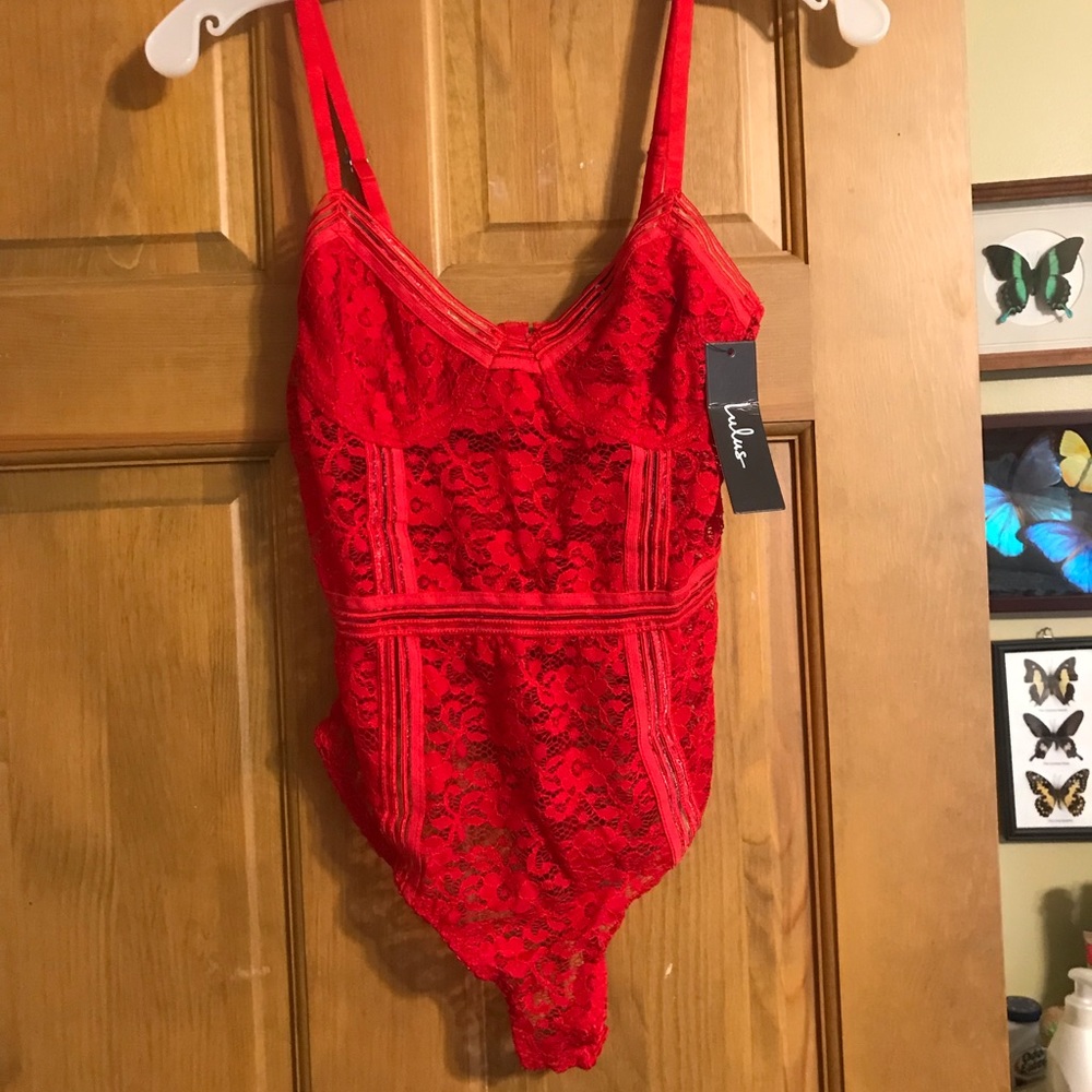 LuLus lady marmalade red lace bodysuit NWT